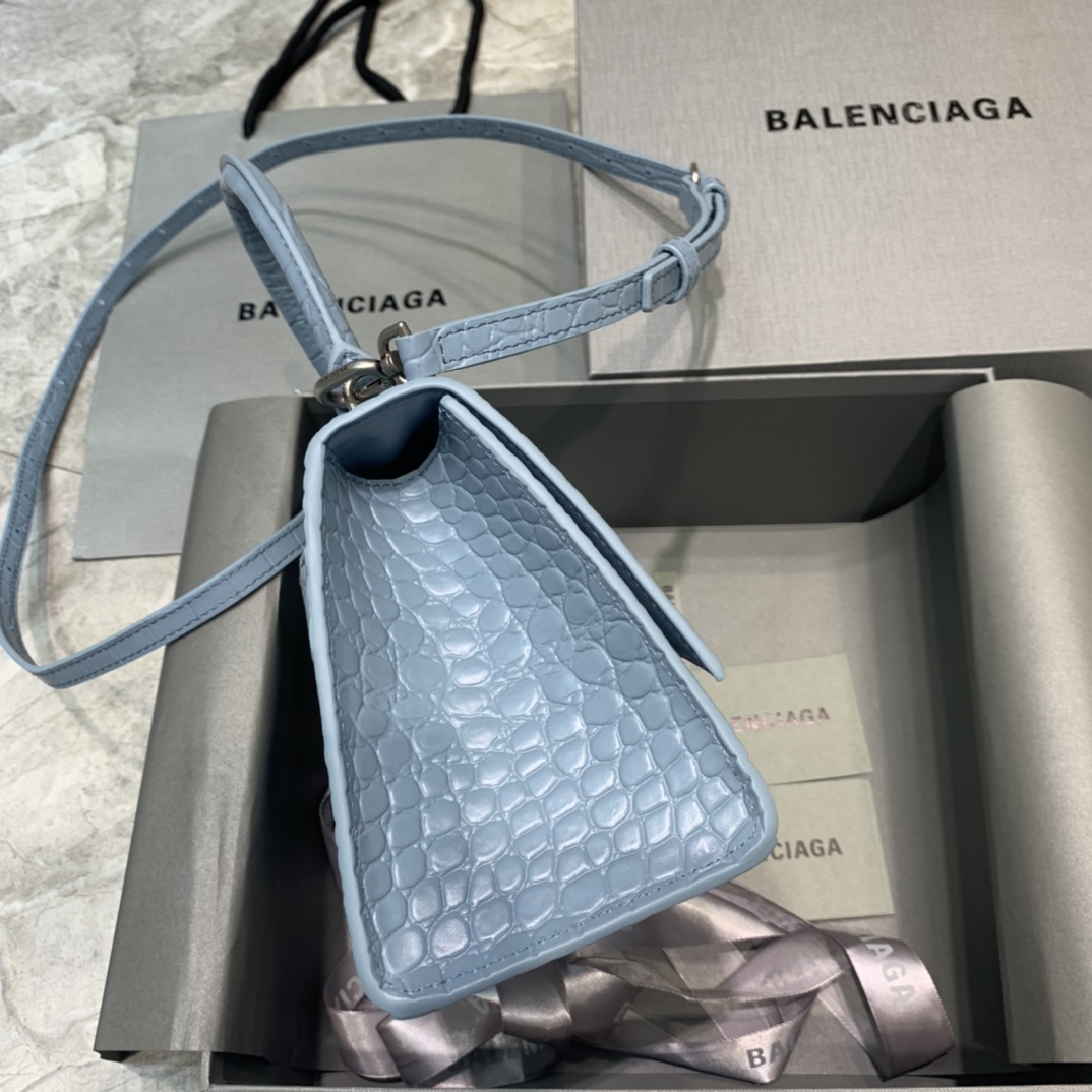 Balenciaga Hourglass Small Handbag Crocodile Embossed Shoulder Bag Haze Blue